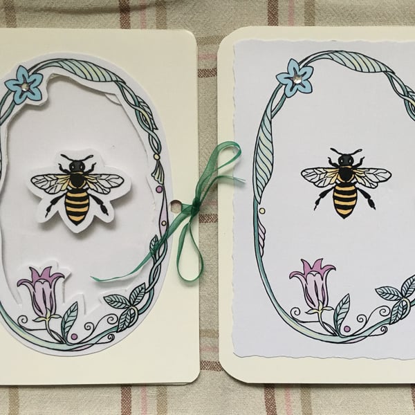 Bee Design Illustration Handmade Set of 2 Postcards and Recycled Envelopes