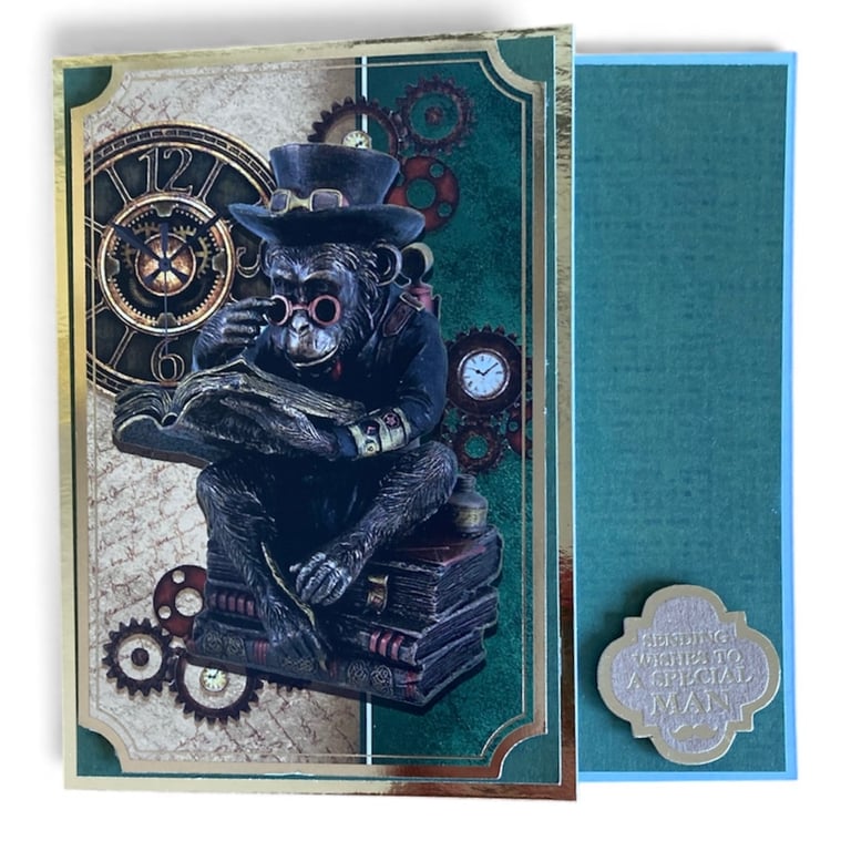 Steampunk Reading Chimpanzee Card. Greeting Card for a Special Man
