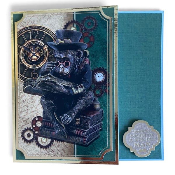Steampunk Reading Chimpanzee Card. Greeting Card for a Special Man