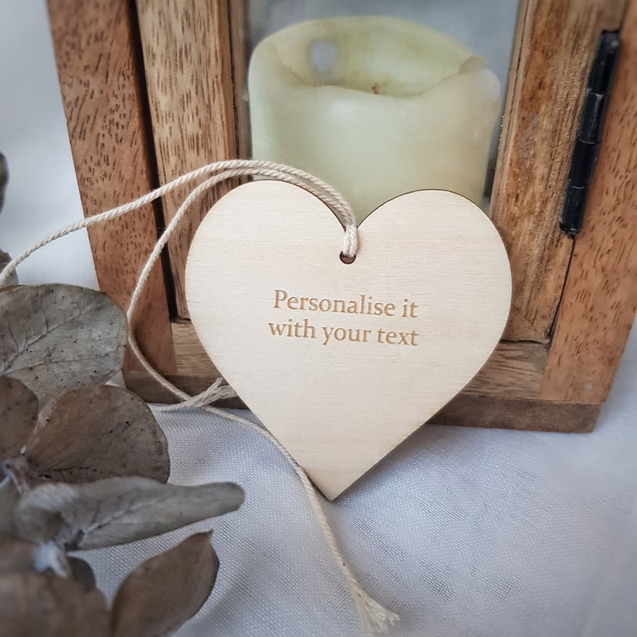 Rustic wooden heart, round gift tag plaque, Personalise it with your text