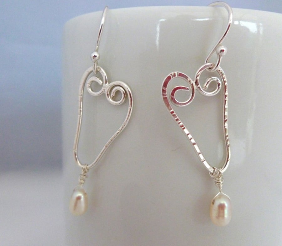 Silver Filigree Wire Heart Earrings With Pearl & Crystal Drop