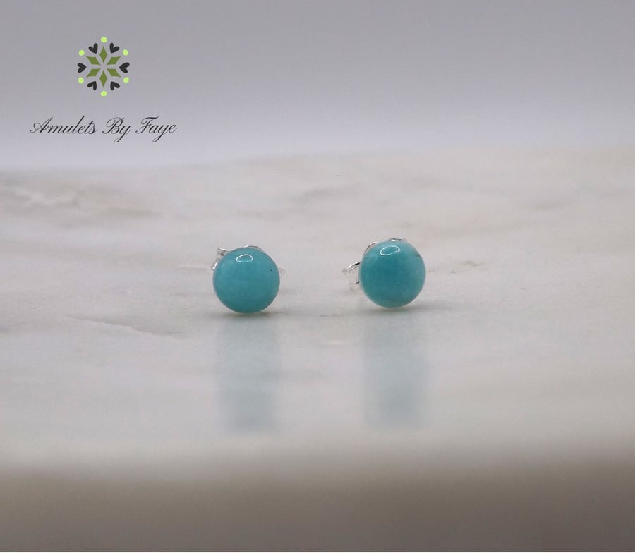 Amazonite Round Cabochon 5mm Gemstone Sterling Silver Stud Earrings.
