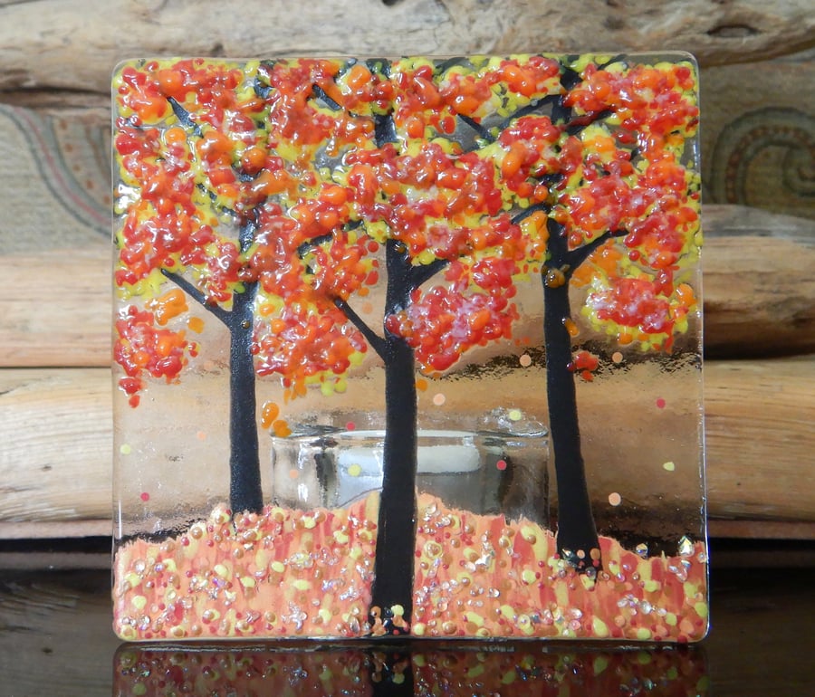 Handmade Fused Glass 'Autumn Tree' T Light Holder