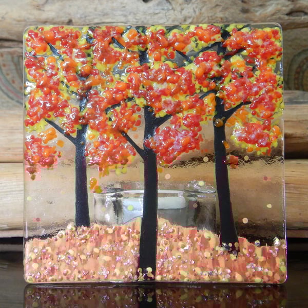 Handmade Fused Glass 'Autumn Tree' T Light Holder
