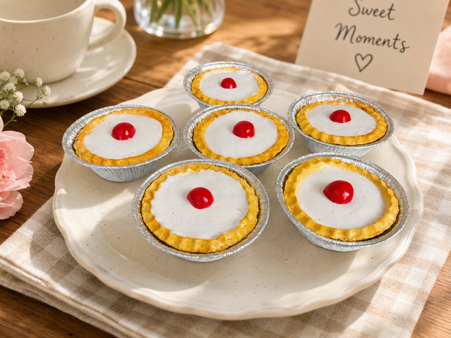 Faux Fake Bake 6 Cherry Bakewell Tarts Cakes Party Prop, Retail Shop Prop, T.V. 