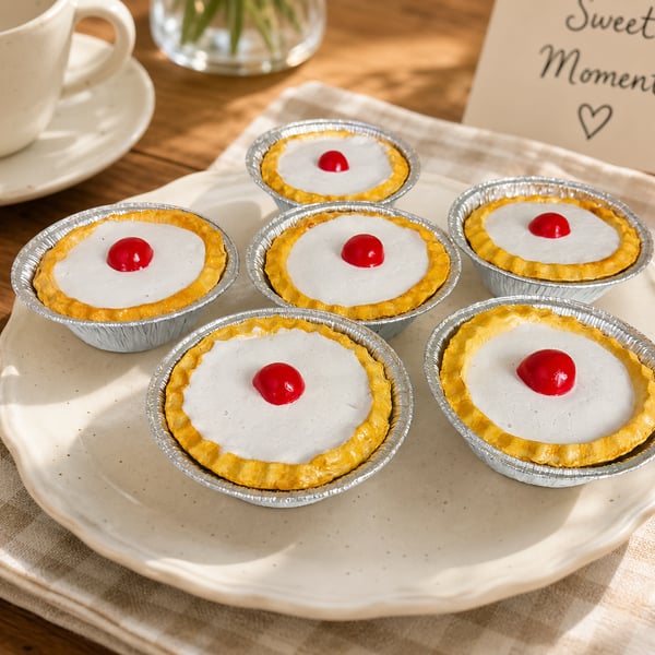 Faux Fake Bake 6 Cherry Bakewell Tarts Cakes Party Prop, Retail Shop Prop, T.V. 