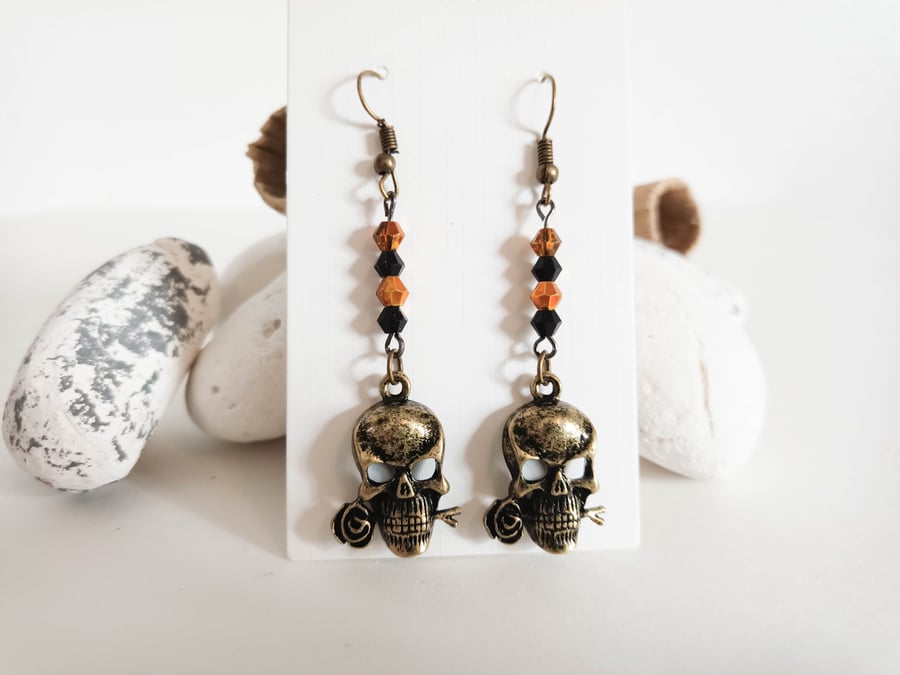 Steampunk Skull and Rose Antique Gold Earrings - Halloween Earrings