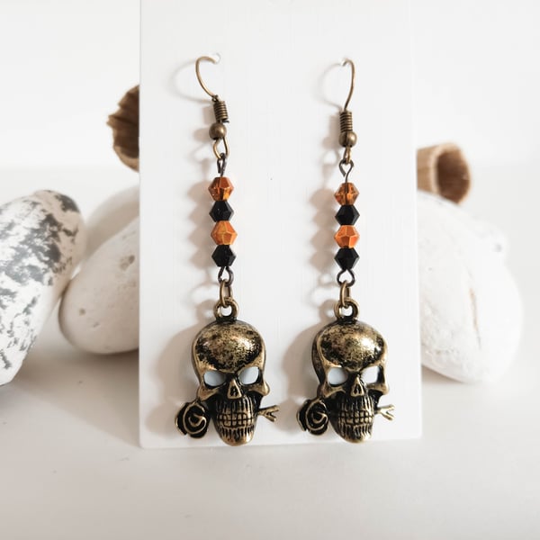 Steampunk Skull and Rose Antique Gold Earrings - Halloween Earrings