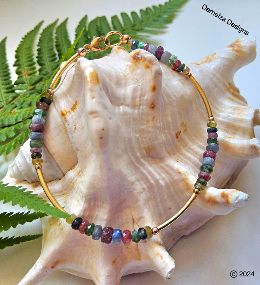 Designer Dainty Ruby, Emerald & Sapphire Rose Gold Vermeil Bracelet (SMALL)