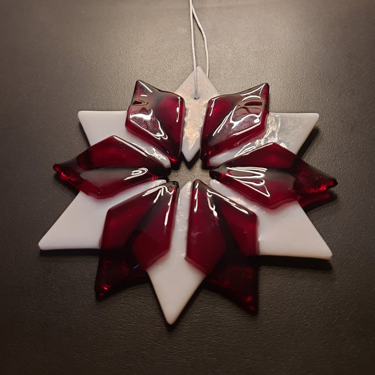 Fused Glass Snowflake Decoration - White & Garnet Red
