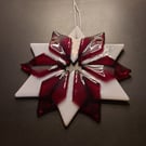 Fused Glass Snowflake Decoration - White & Garnet Red
