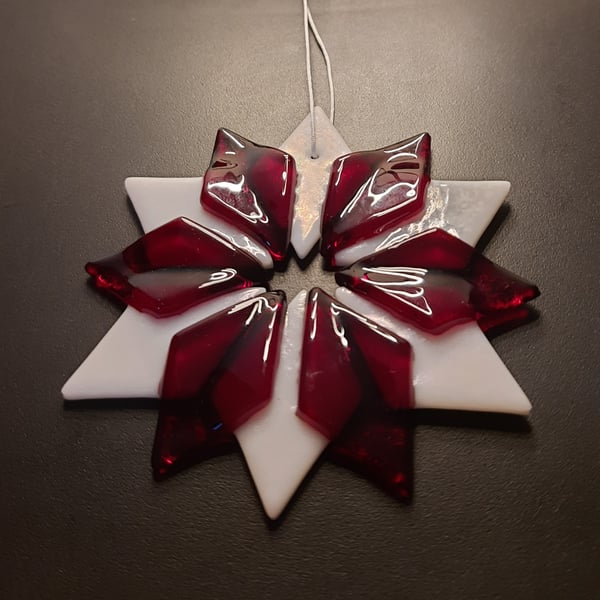 Fused Glass Snowflake Decoration - White & Garnet Red