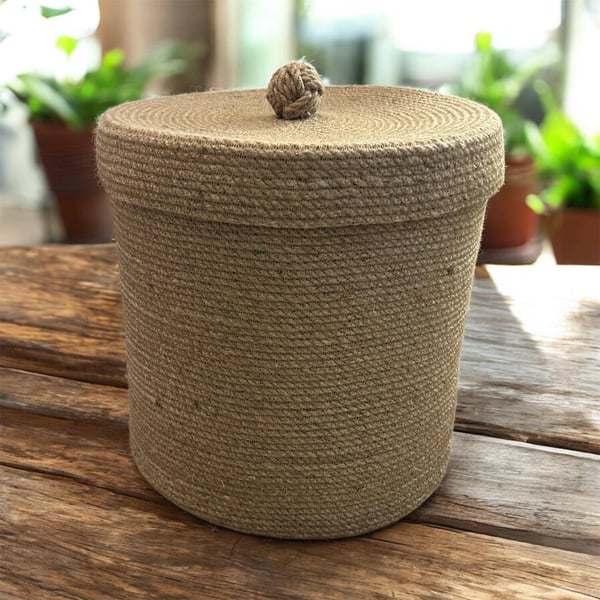Handmade jute storage basket with lid natural round rope organizer eco-friendly 