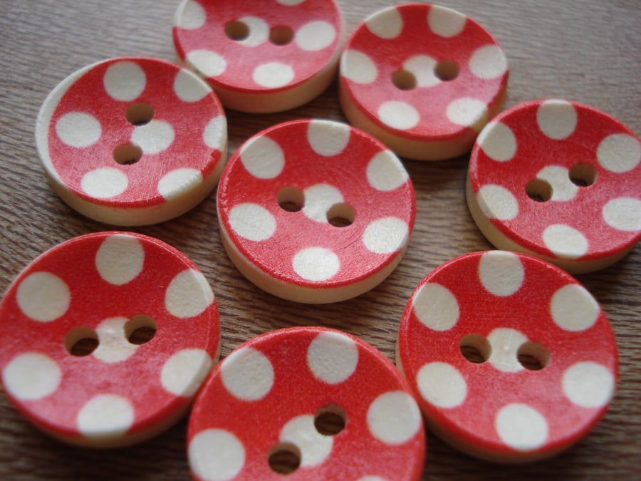 8 Red Buttons - Polka Dot, Round Buttons, Novelty Buttons, Wooden Buttons