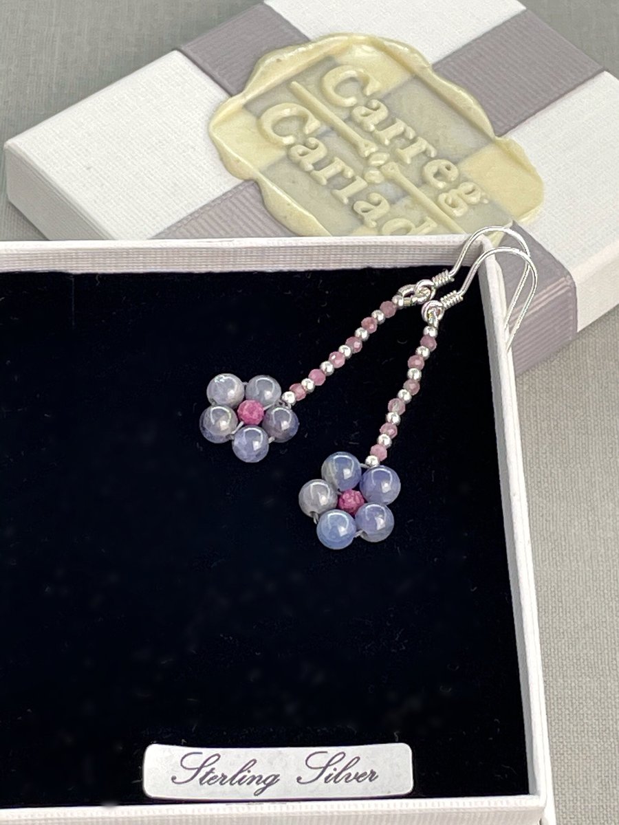 Delicate Dainty Tanzanite & Ruby Flower Birthstone Earrings Sterling Silver