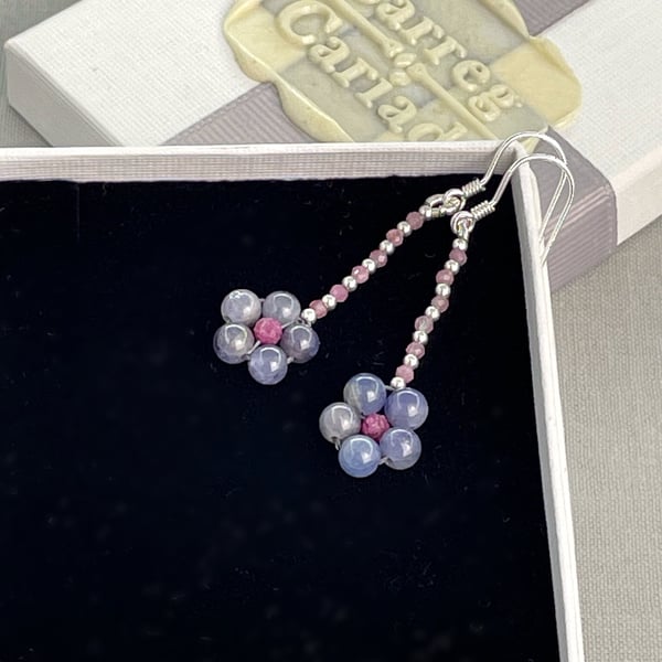 Delicate Dainty Tanzanite & Ruby Flower Birthstone Earrings Sterling Silver