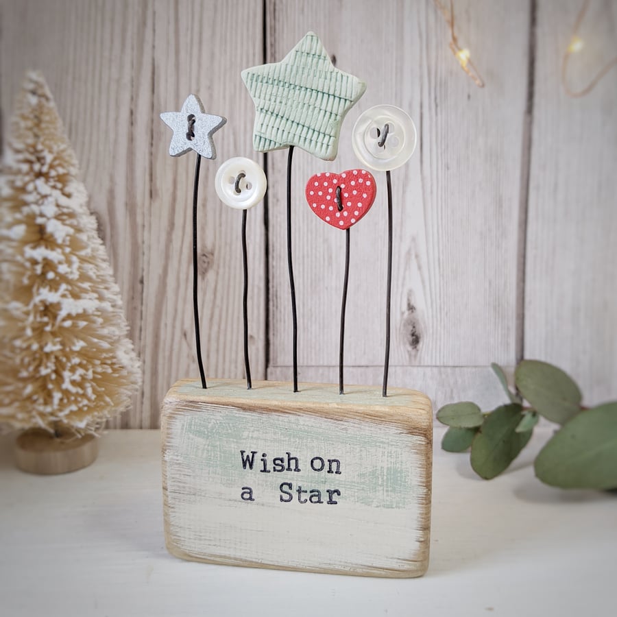 Clay Star and Buttons in a Painted Wood Block 'Wish on a Star'