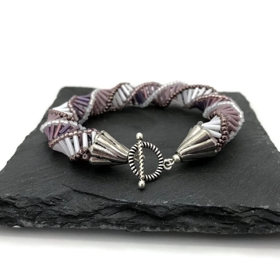 Purple & White Bugle Bead Russian Spiral Bracelet