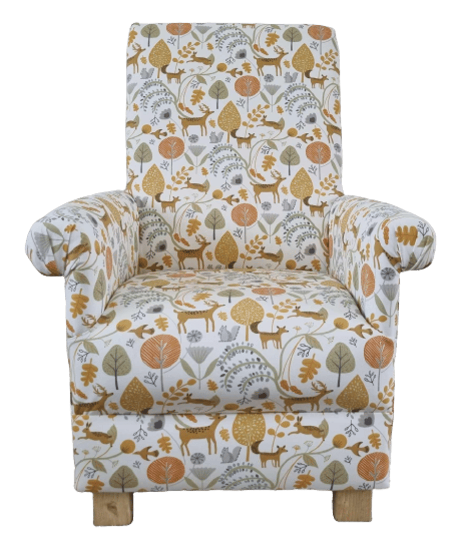 Fryetts Woodland Animals Ochre Fabric Adult Armchair Chair Nursery Deer Fox Owl