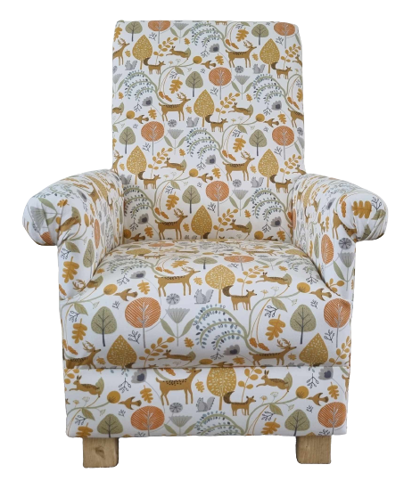 Fryetts Woodland Animals Ochre Fabric Adult Armchair Chair Nursery Deer Fox Owl