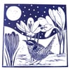 A freshly printed linocut card of a Wren amongst the Crocus