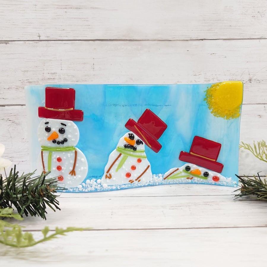 Image of Melting Snowman Christmas Decoration; Fused Glass Snowman Wave