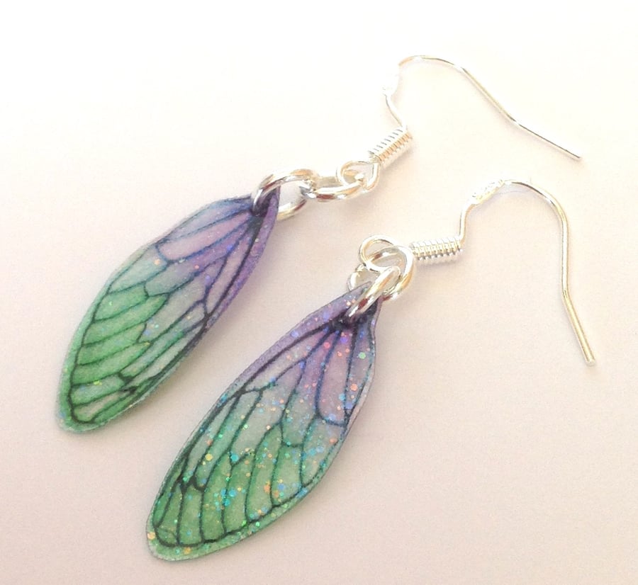 Dainty Green and Purple Fairy Wing Earrings Sterling Silver