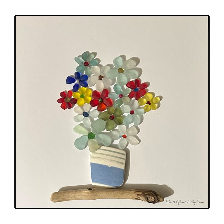Handmade Vibrant Sea Glass Floral Bouquet Picture - Framed 8x8 Coastal Art