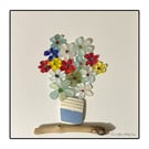 Handmade Vibrant Sea Glass Floral Bouquet Picture - Framed 8x8 Coastal Art