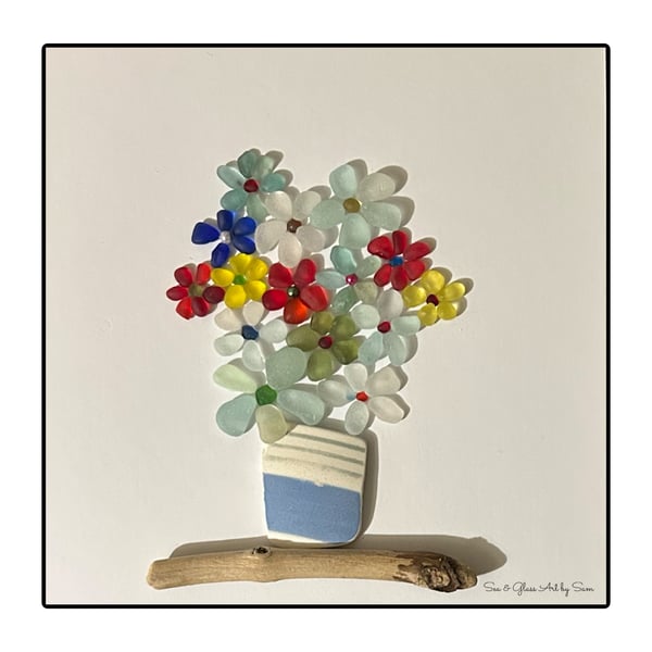 Handmade Vibrant Sea Glass Floral Bouquet Picture - Framed 8x8 Coastal Art