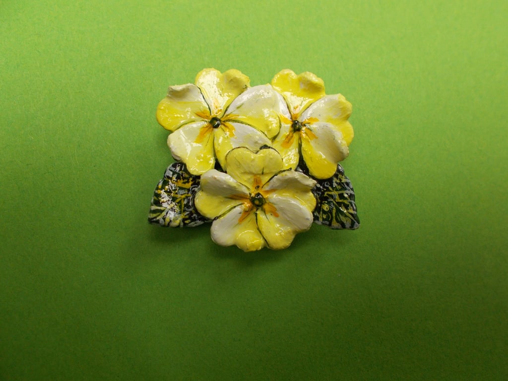 Handmade PRIMROSE BROOCH : Yellow Clay Primrose Lapel Flower Pin, Hand Painted