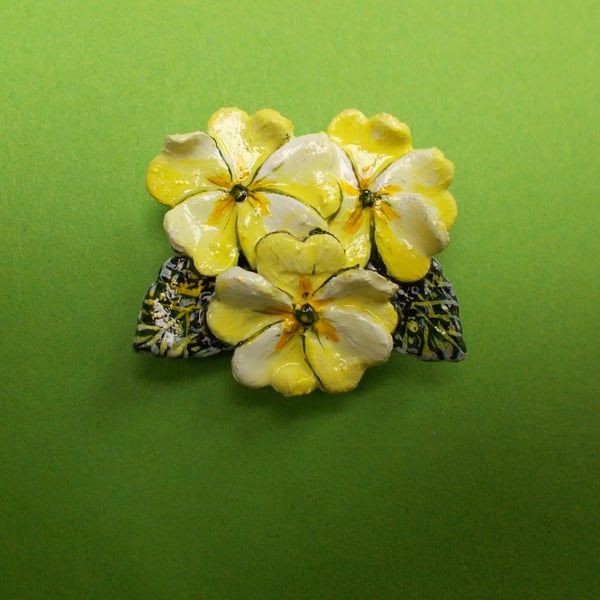 Handmade PRIMROSE BROOCH : Yellow Clay Primrose Lapel Flower Pin, Hand Painted