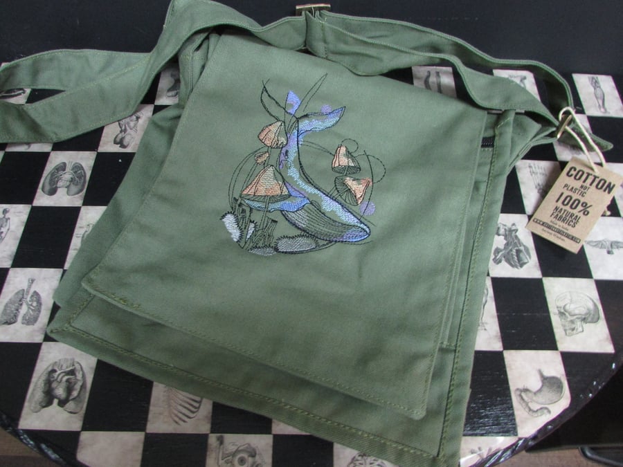 Embroidered Whale with Mushrooms Design Eco Cotton Canvas Bag