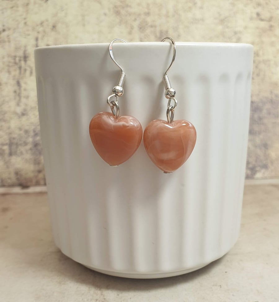 Dusky-Pink Acrylic Heart Dangle Earrings on 925 Silver-Plated Ear Wires