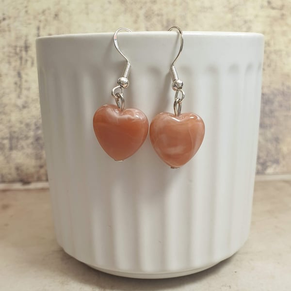 Dusky-Pink Acrylic Heart Dangle Earrings on Silver Ear Wires