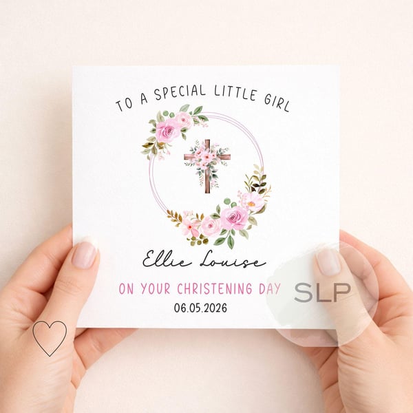 Personalised Christening Card for Girl Floral Cross Baptism Card Granddaughter