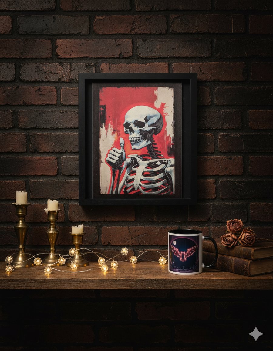 Thumbs Up Skeleton Canvas Print – Alternative Gothic Wall Art – 15 x 21cm Unfram