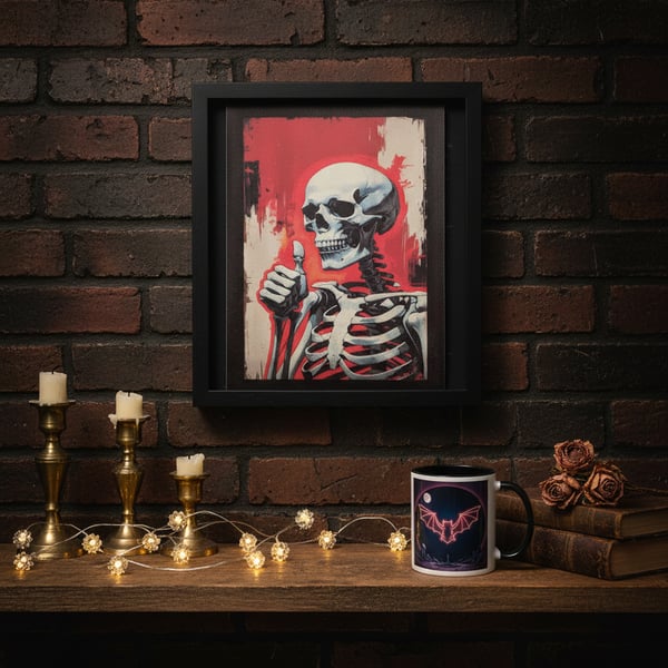 Thumbs Up Skeleton Canvas Print – Alternative Gothic Wall Art – 15 x 21cm Unfram