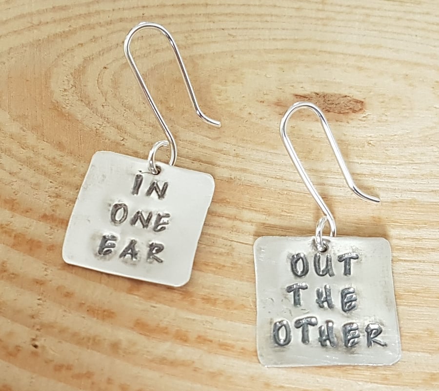 Sterling Silver Stamped 'In One Ear' 'Out The Other' Drop Dangle Earrings