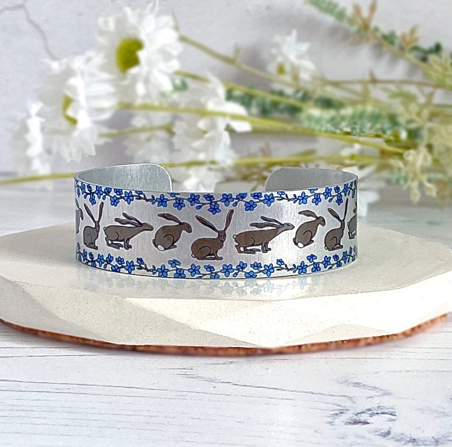 Cuff bracelet with hares, rabbits, personalised metal bangle. (595)            