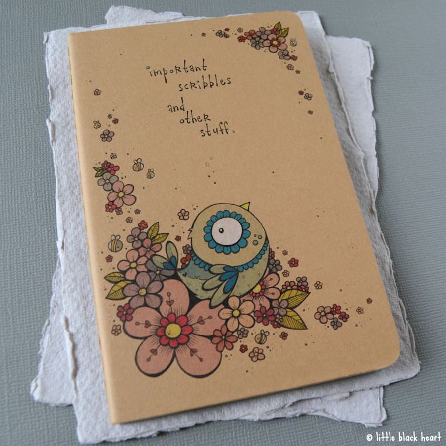 pocket notebook with original illustration - flowerbird and bees