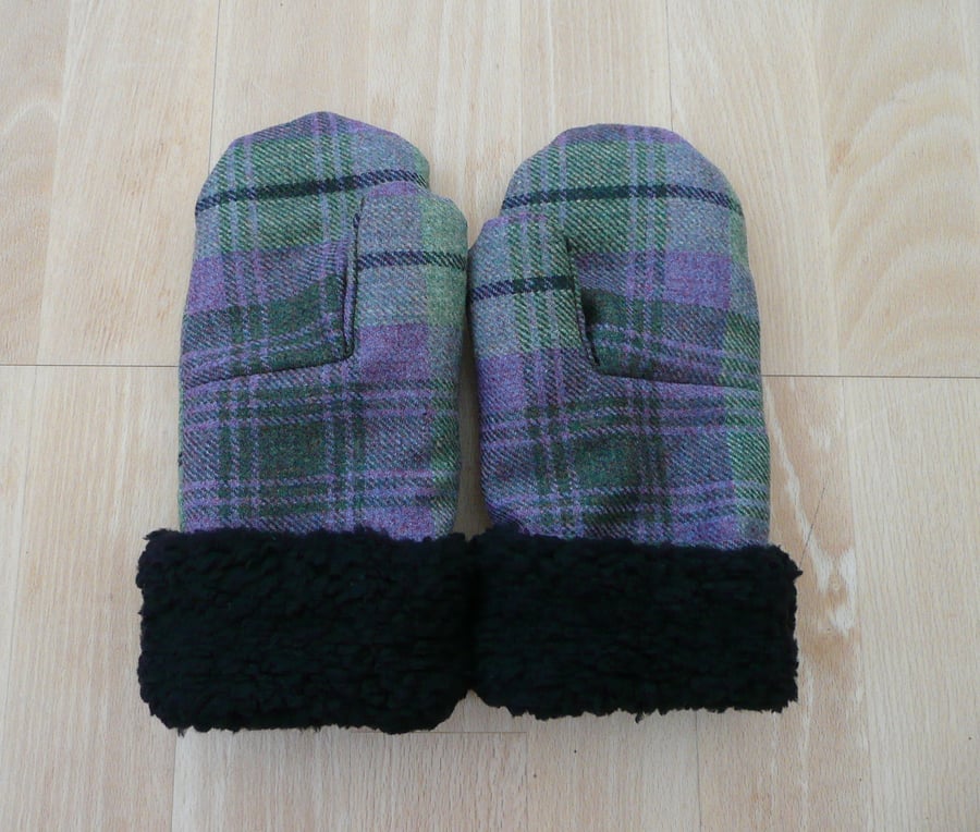 Ladies mittens green purple tweed faux sheepski Folksy