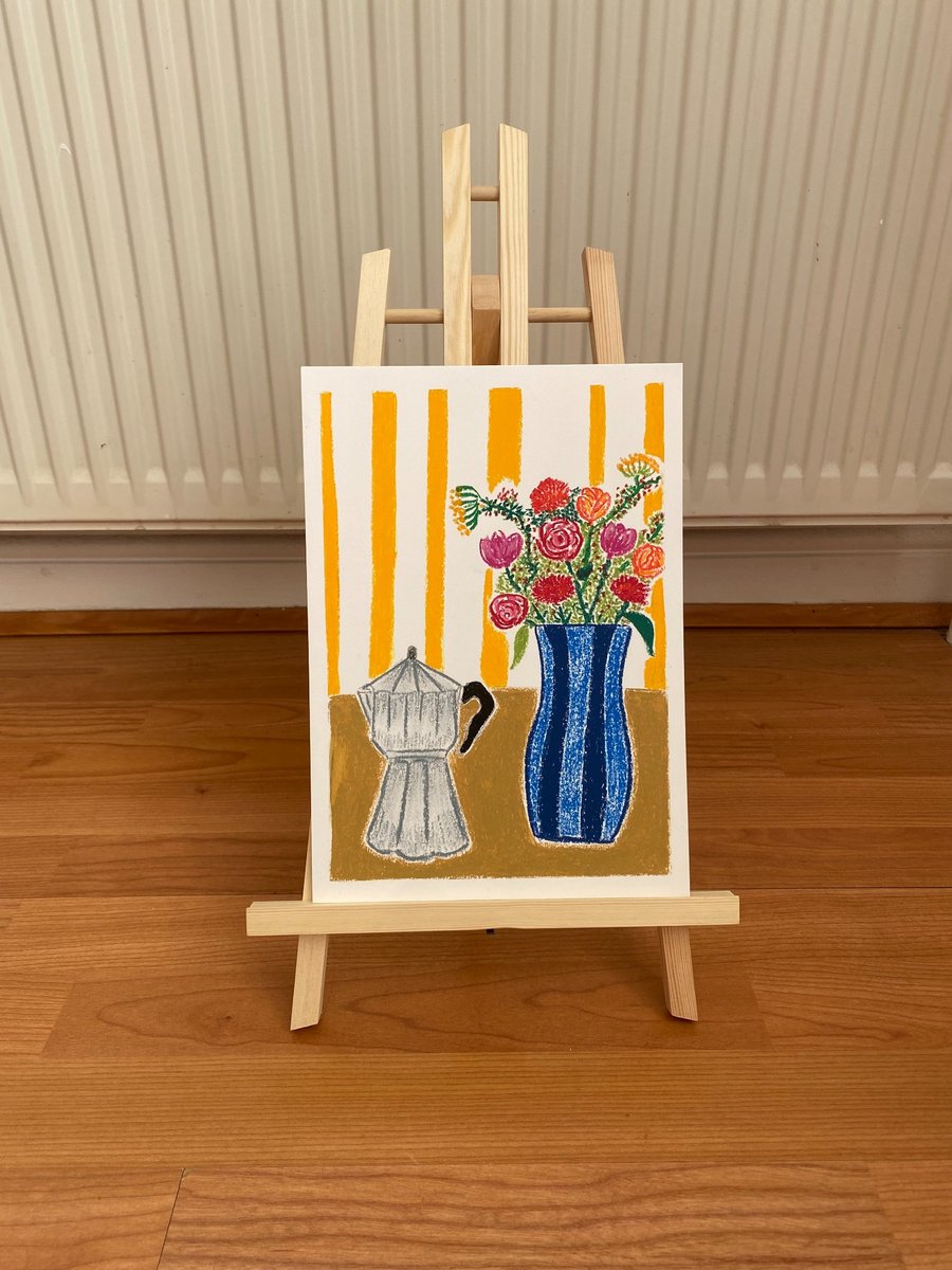 Moka Pot & Flower Vase - Original Oil Pastel Kitchen Painting Floral Still Life