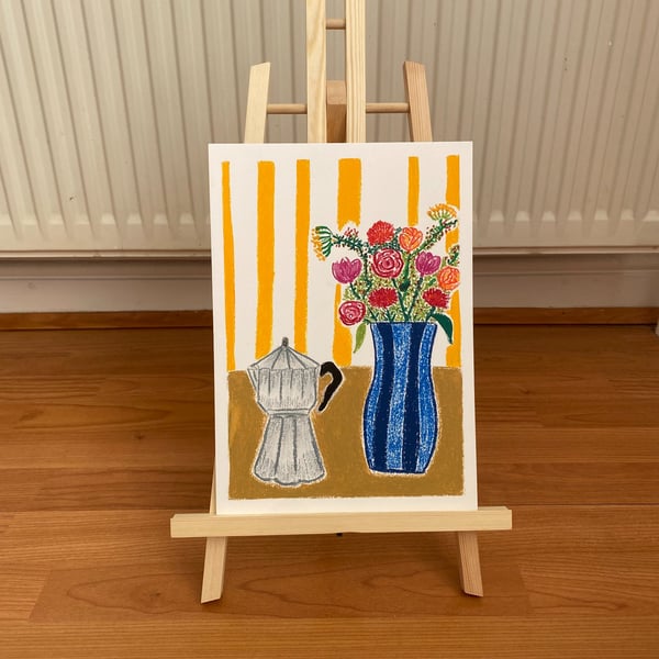 Moka Pot & Flower Vase - Original Oil Pastel Kitchen Painting Floral Still Life