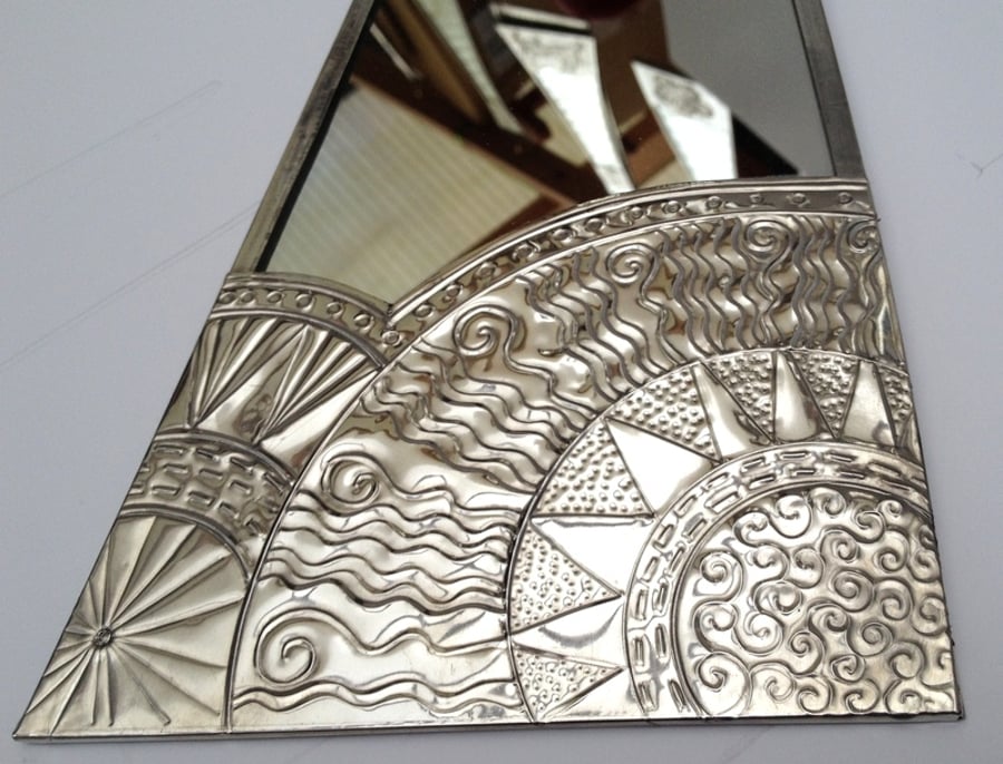 Art Deco style sun mirror in pewter. Custom order for Jill.