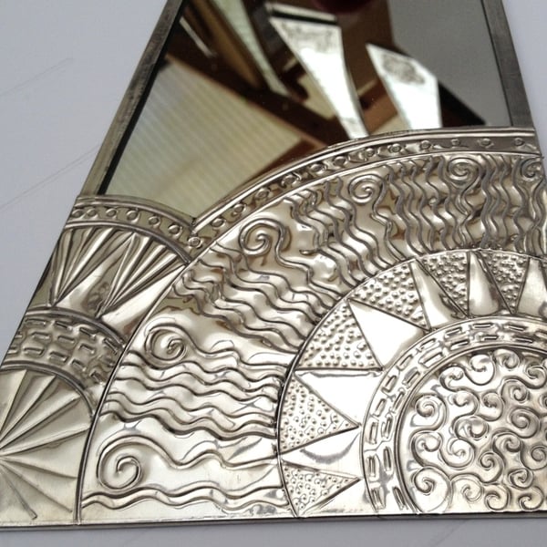 Art Deco style sun mirror in pewter. Custom order for Jill.