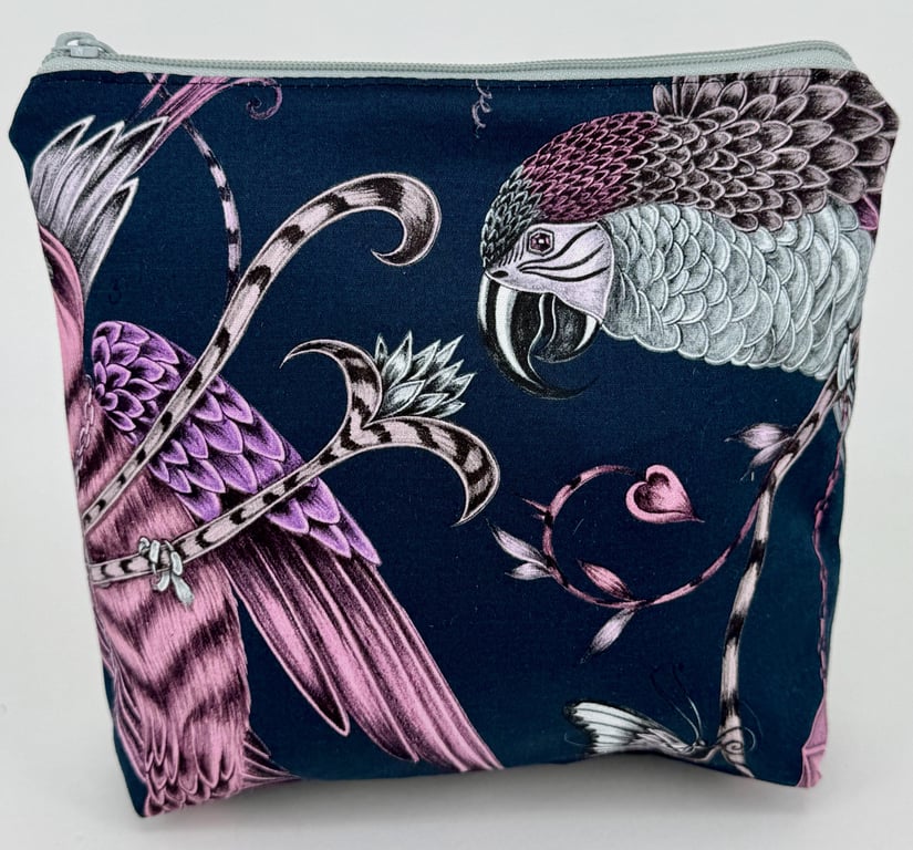 Handmade Emma Shipley sateen fully lined zip purse with birds of prey design