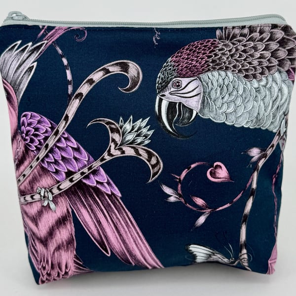 Handmade Emma Shipley sateen fully lined zip purse with birds of prey design