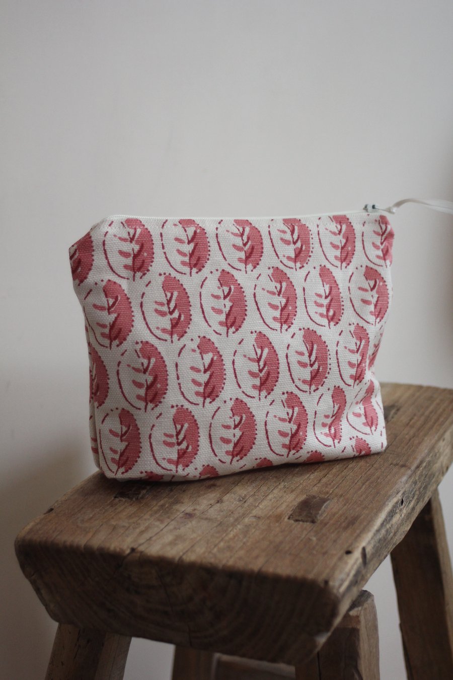 Cream and pink zip up pouch made from Vanessa Arbuthnott fabric - postage inc