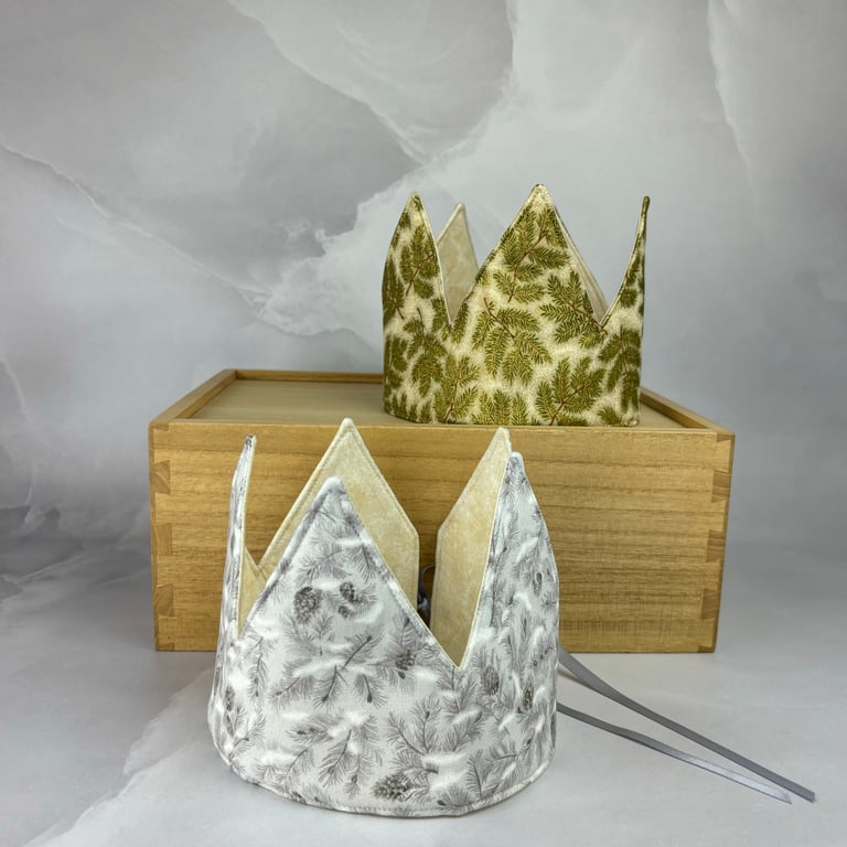 Handmade Christmas crown, Fir trees Xmas fabric party hat, Reusable, 2 options